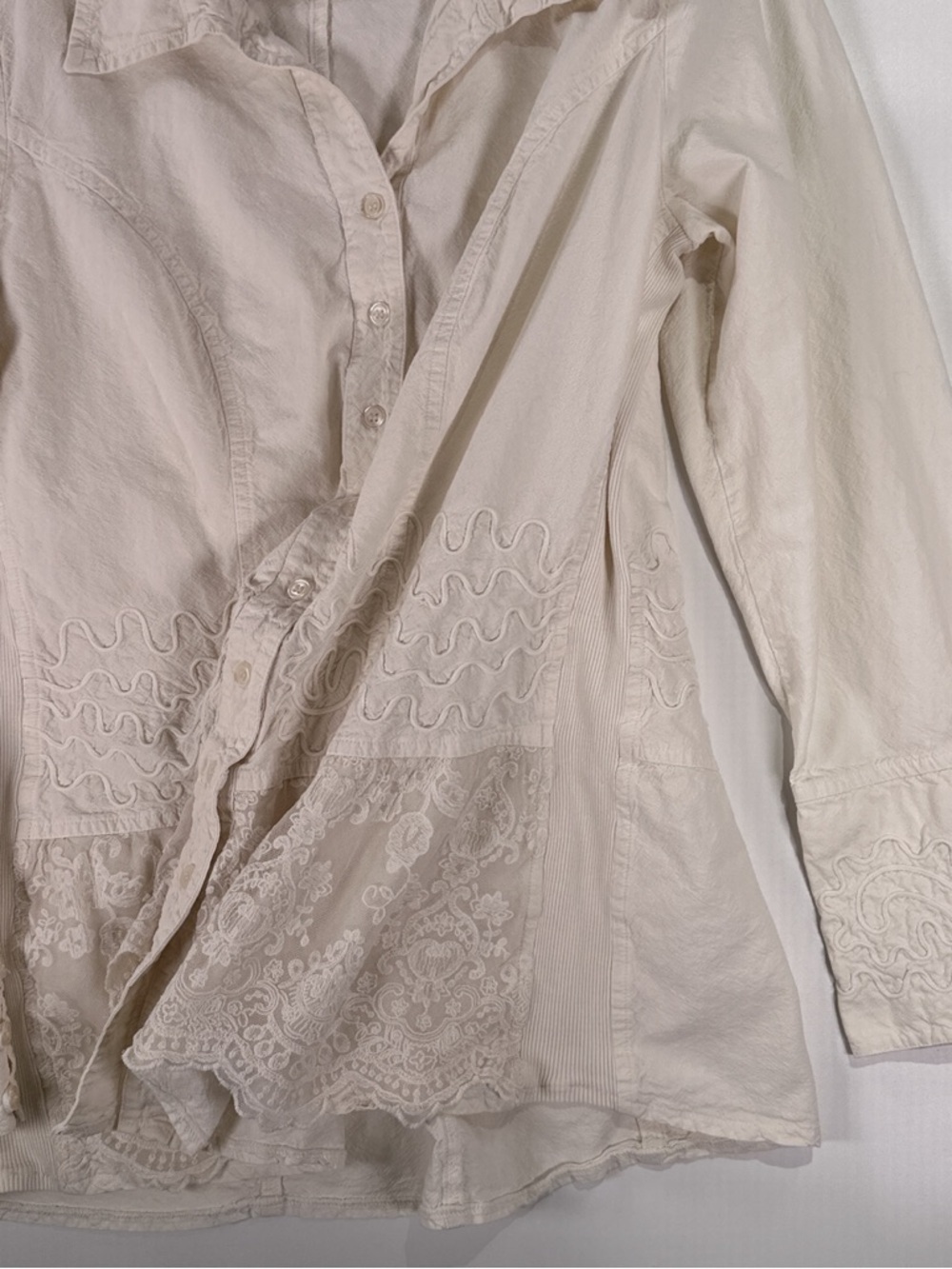 Gretty Zueger Button Down Shirt Embroidered Lace Peplum Cotton White XL - Picture 7 of 12